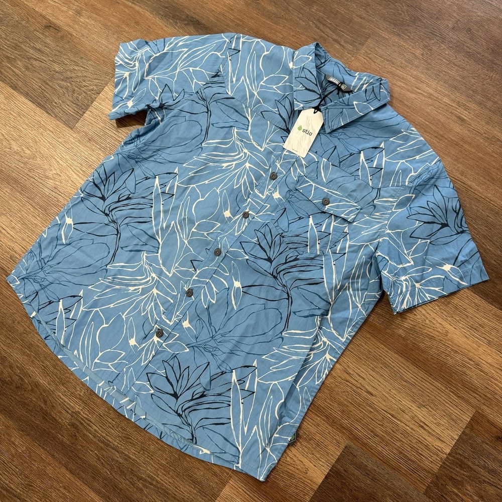 Stio Curtis Camp Short Sleeve Shirt Blue Floral Mens Sz XL Nature Hiking‎ Camp